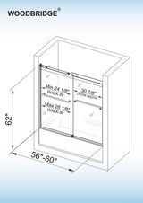 Woodbridge 2 Way Opening and Double Sliding (60"W x 62"H x 3/8"in) Frameless Bathtub Tempered Glass Shower Door