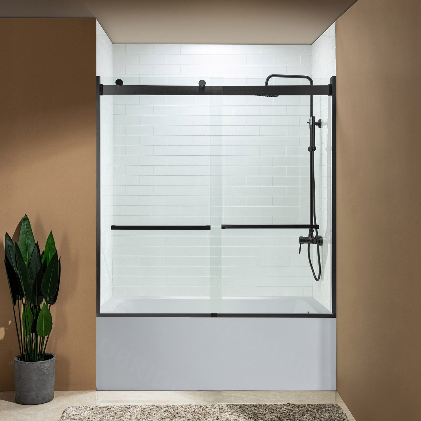 Woodbridge 2 Way Opening and Double Sliding (60"W x 62"H x 5/16") Frameless Bathtub Tempered Glass Shower Door - Matte Black Finish