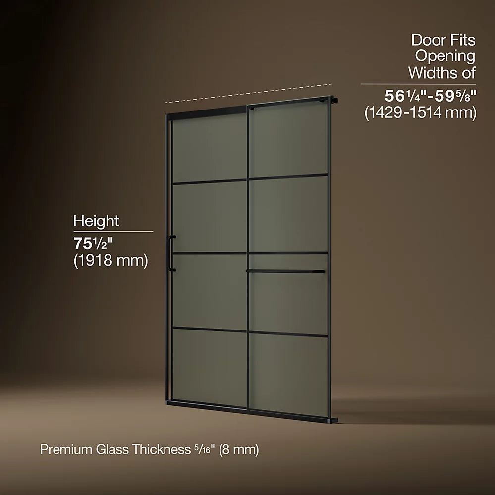Kohler Elate® Sliding Shower door (56.3" - 59.6" W x 75.5" H) with 5/16" (8mm) thick glass in Matte Black