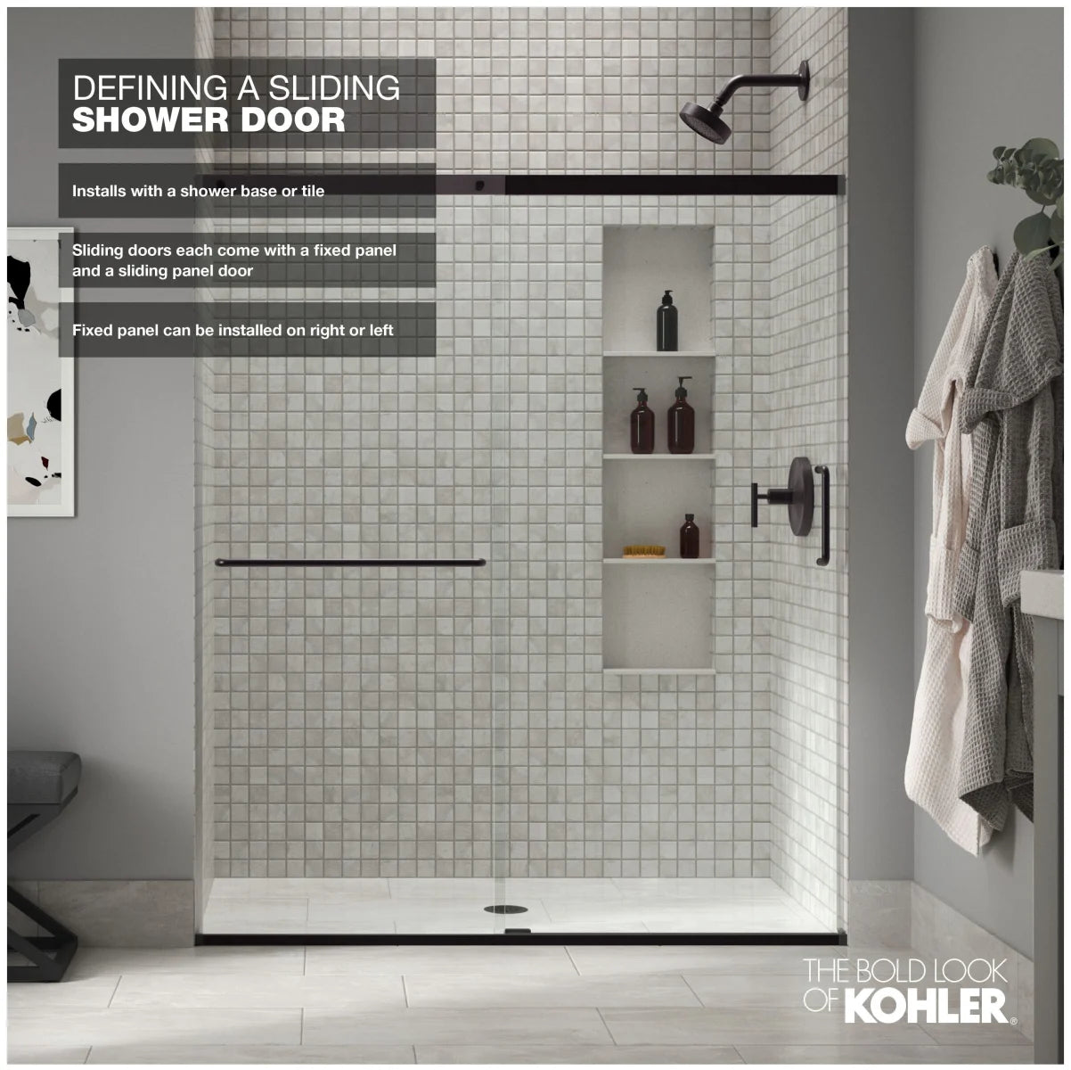 Kohler Elate® Sliding Bath door (56.3" - 59.6" W x 56.8" H) with heavy 5/16" (8mm) thick Crystal Clear glass with Privacy Band