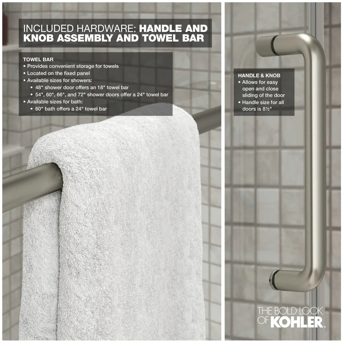 Kohler Elate® Sliding shower door (44.3" - 47.6" W x 75.5" H) with heavy 5/16" (8mm) thick Crystal Clear glass with privacy band