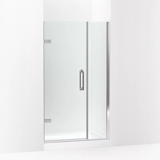 Kohler Components™ Frameless pivot shower door (39.6" - 40.4" W x 71.6" H) with 3/8" (10mm) thick Crystal Clear glass in Bright Polished Silver