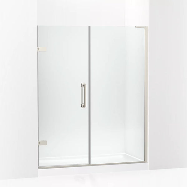 Kohler Components™ Frameless pivot shower door (57.3 - 58 W x 71.8 H) with 3/8 (10mm) thick Crystal Clear glass in Anodized Brushed Nickel