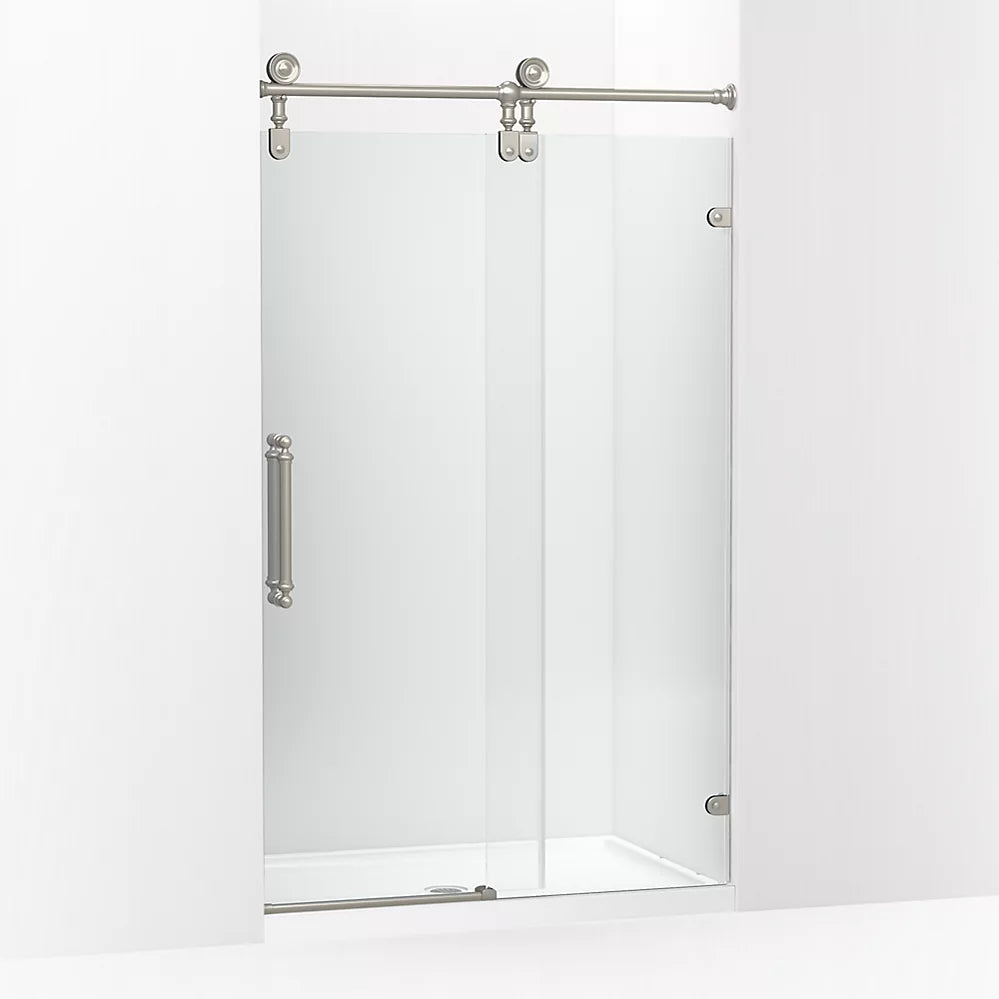 Kohler Artifacts™ (45.3" – 46.3" W x 80.9" H) Sliding Shower door with 3/8" (10mm) thick glass in Vibrant Brushed Nickel