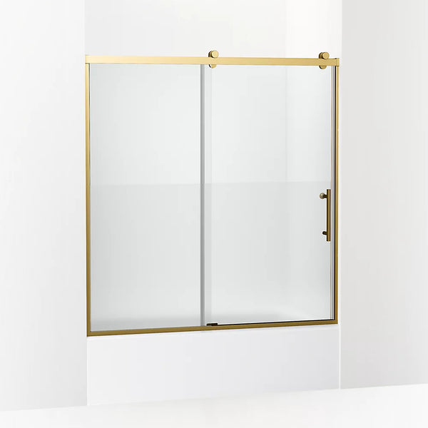 Kohler Rely® (56.6 - 59.6 W x 62.5 H) Sliding bath door with 3/8 (10mm) thick glass in Vibrant Brushed Moderne Brass