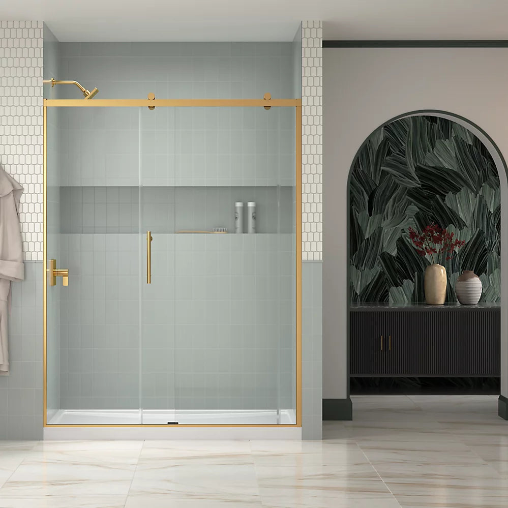 Kohler Rely® (56.6" – 59.6" W x 77" H) Sliding Shower Door with 3/8" (10mm) thick glass in Vibrant Brushed Moderne Brass