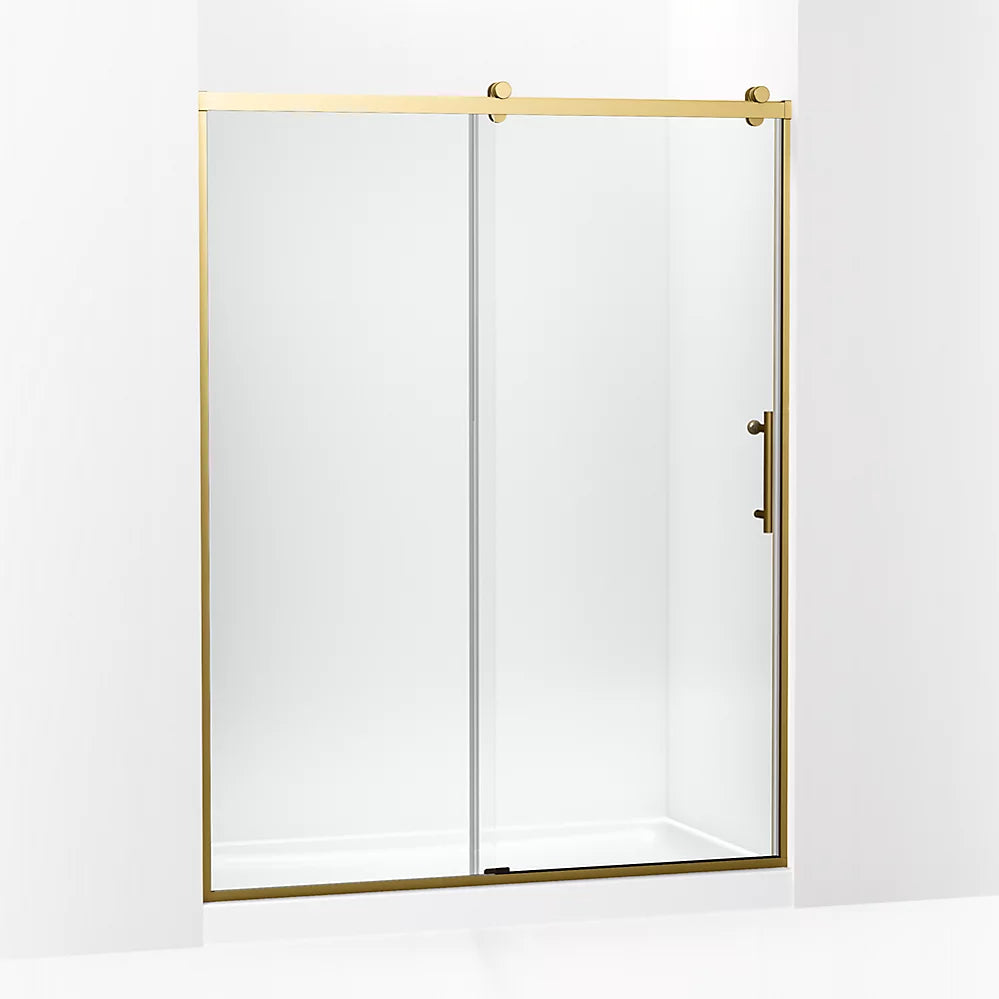 Kohler Rely® (56.6" – 59.6" W x 77" H) Sliding Shower Door with 3/8" (10mm) thick glass in Vibrant Brushed Moderne Brass