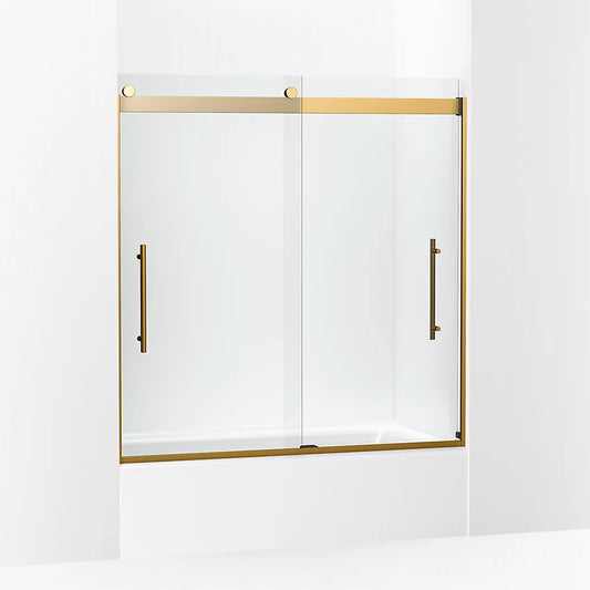 Kohler Levity® Plus Frameless Sliding bath door (56.6" - 59.6" W x 61.6" H) with 5/16" (8mm) thick Crystal Clear glass in Vibrant Brushed Moderne Brass