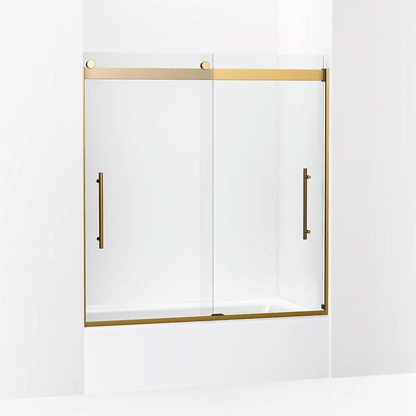 Kohler Levity® Plus Frameless Sliding bath door (56.6 - 59.6 W x 61.6 H) with 5/16 (8mm) thick Crystal Clear glass in Vibrant Brushed Moderne Brass