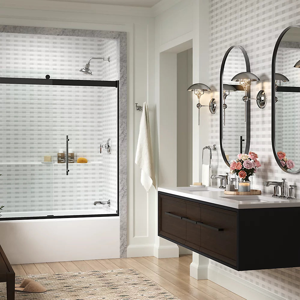 Kohler Levity® Plus Frameless Sliding bath door (56.6" - 59.6" W x 61.6" H) with 5/16" (8mm) thick Crystal Clear glass in Anodized Brushed Nickel