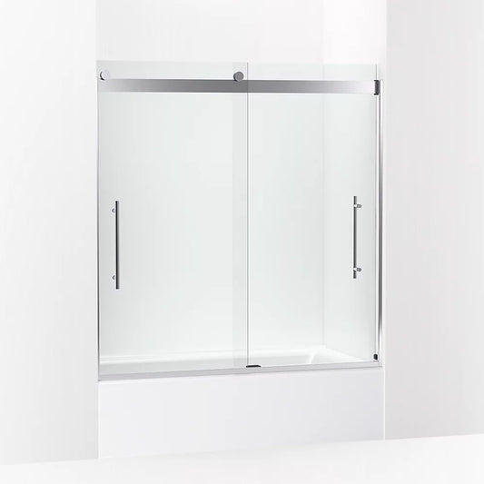 Kohler Levity® Plus Frameless Sliding bath door (56.6" - 59.6" W x 61.6" H) with 5/16" (8mm) thick Crystal Clear glass in Bright Polished Silver