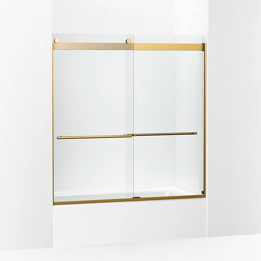 Kohler Levity® Plus Frameless sliding bath door (56.6" - 59.6" W x 61.6" H) with 5/16" (8mm)  thick Crystal Clear glass in Vibrant Brushed Moderne Brass