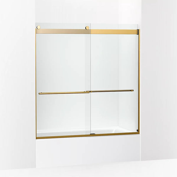 Kohler Levity® Plus Frameless sliding bath door (56.6 - 59.6 W x 61.6 H) with 5/16 (8mm)  thick Crystal Clear glass in Vibrant Brushed Moderne Brass