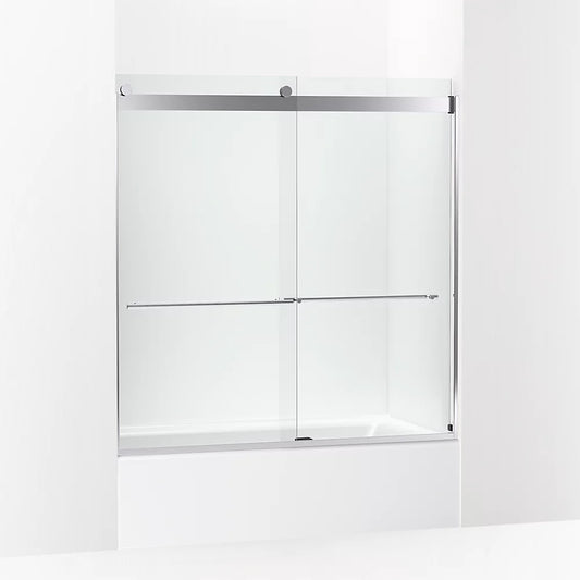 Kohler Levity® Plus Frameless sliding bath door (56.6" - 59.6" W x 61.6" H) with 5/16" (8mm)  thick Crystal Clear glass in Bright Polished Silver