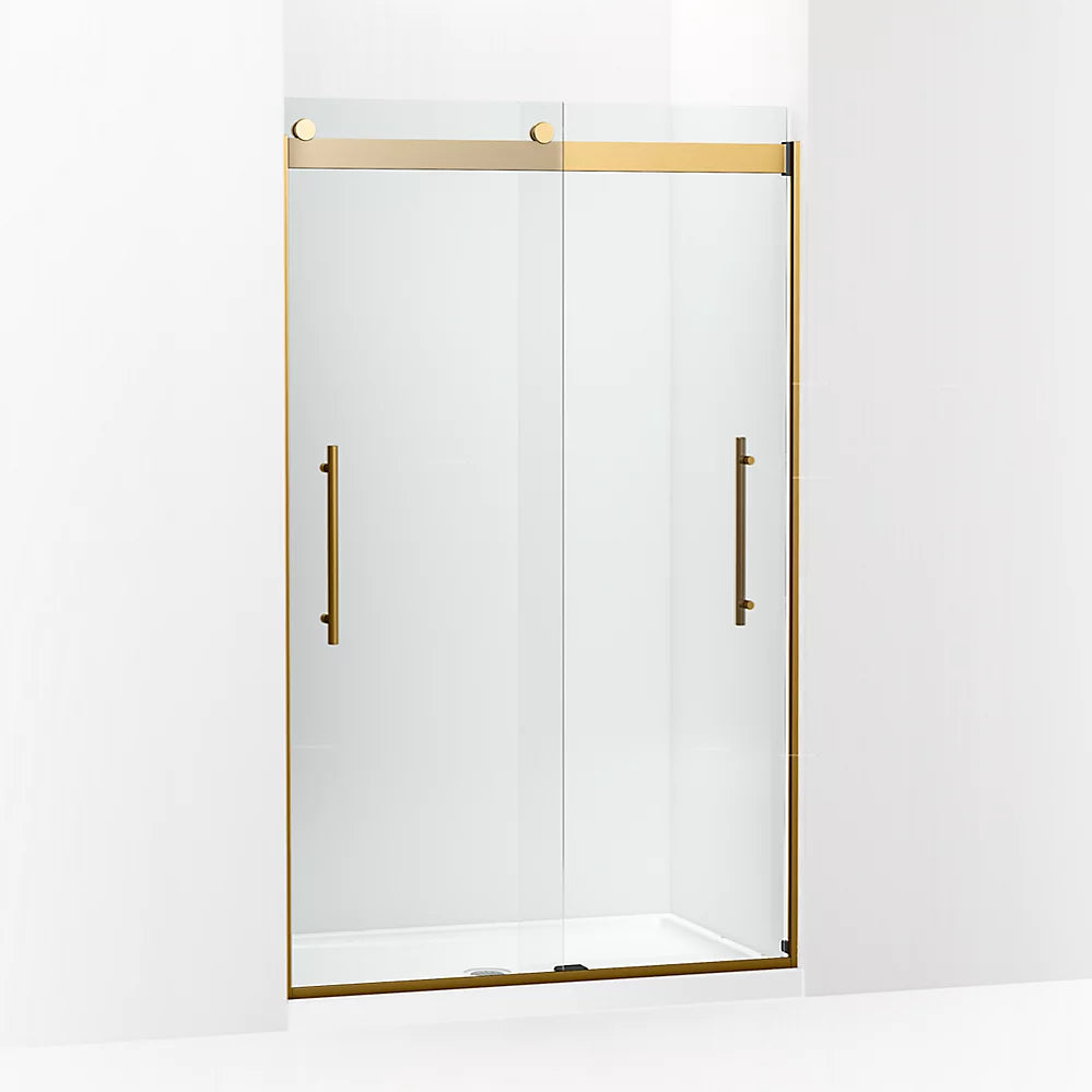 Kohler Levity® Plus Frameless sliding shower door (44.6" - 47.6" W x 77.6" H) with 5/16" (8mm) thick Crystal Clear glass in Vibrant Brushed Moderne Brass