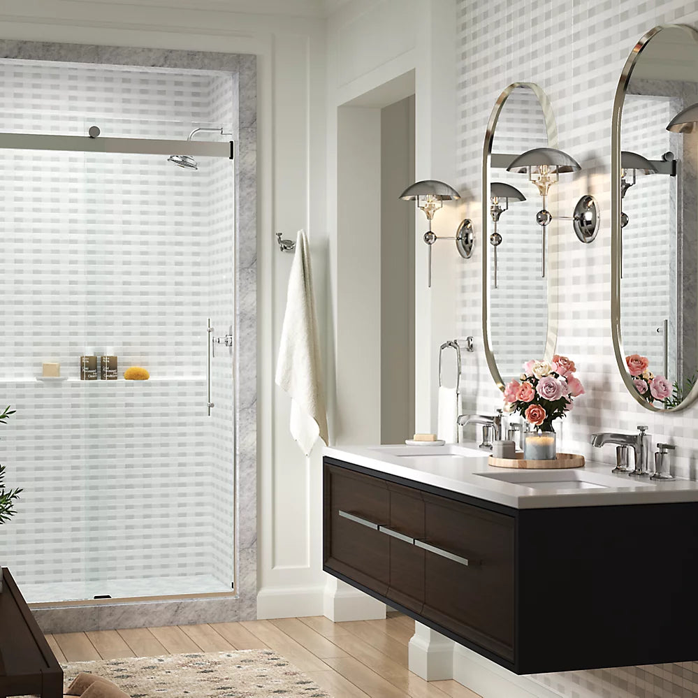 Kohler Levity® Plus Frameless sliding shower door (44.6" - 47.6" W x 77.6" H) with 5/16" (8mm) thick Crystal Clear glass in Vibrant Brushed Moderne Brass