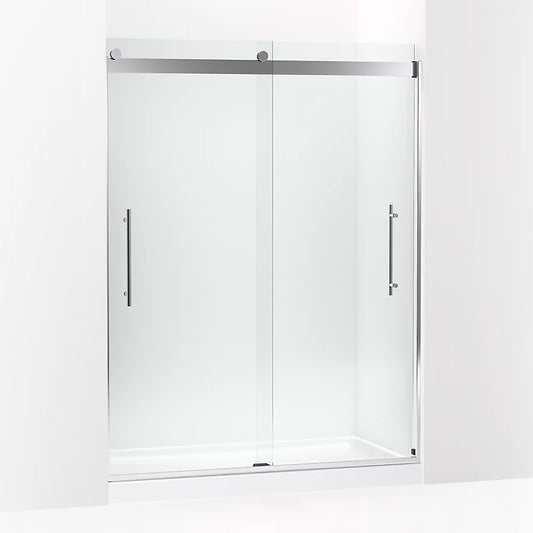 Kohler Levity® Plus Frameless Sliding Shower door (56.6" - 59.6"W x 77.6" H) with 5/16" (8mm) thick Crystal Clear glass in Bright Polished Silver