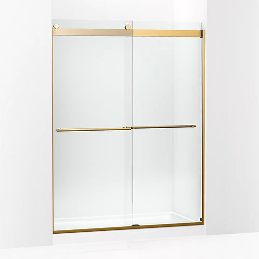 Kohler Levity® Plus Frameless Sliding Shower door (56.6"-59.6" W x 77.6" H) with 5/16" (8mm) thick Crystal Clear glass in Vibrant Brushed Moderne Brass