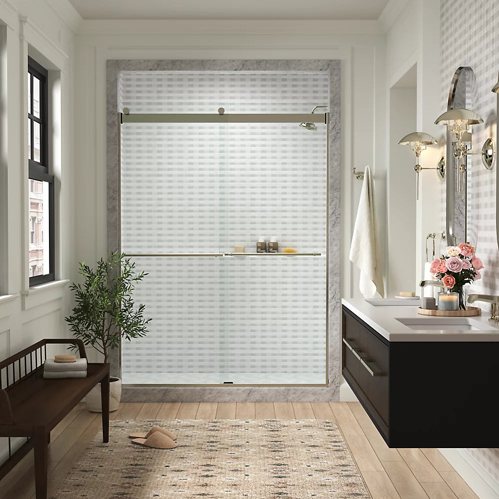 Kohler Levity® Plus Frameless Sliding Shower door (56.6"-59.6" W x 77.6" H) with 5/16" (8mm) thick Crystal Clear glass