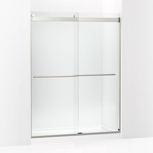 Kohler Levity® Plus Frameless sliding shower door (56.6"-59.6" W x 77.6" H) with 5/16" thick Crystal Clear glass in Anodized Brushed Nickel