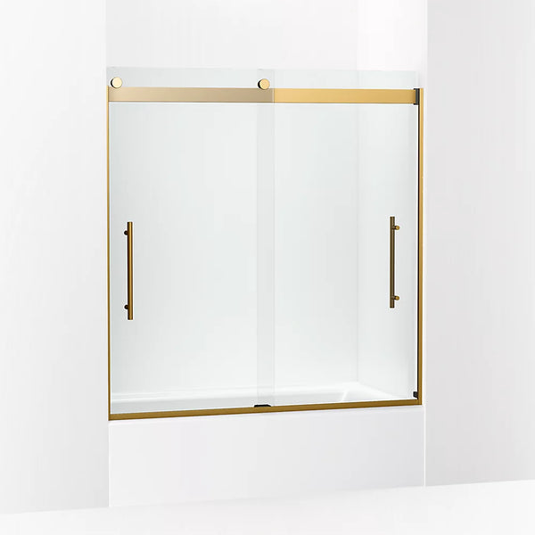 Kohler Levity® Plus Frameless sliding bath door (56.6 - 59.6 W x 61.6 H) with 3/8 (10mm) thick Crystal Clear glass in Vibrant Brushed Moderne Brass