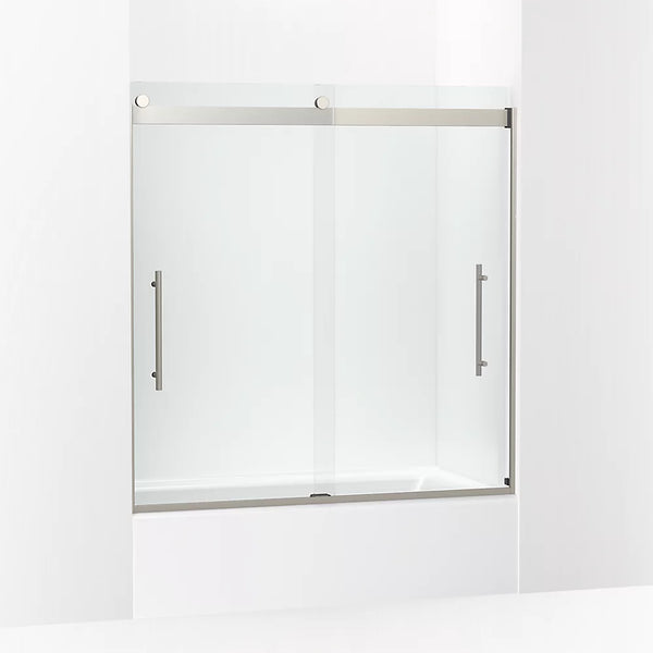 Kohler Levity® Plus Frameless sliding bath door (56.6 - 59.6 W x 61.6 H) with 3/8 (10mm) thick Crystal Clear glass in Anodized Brushed Nickel