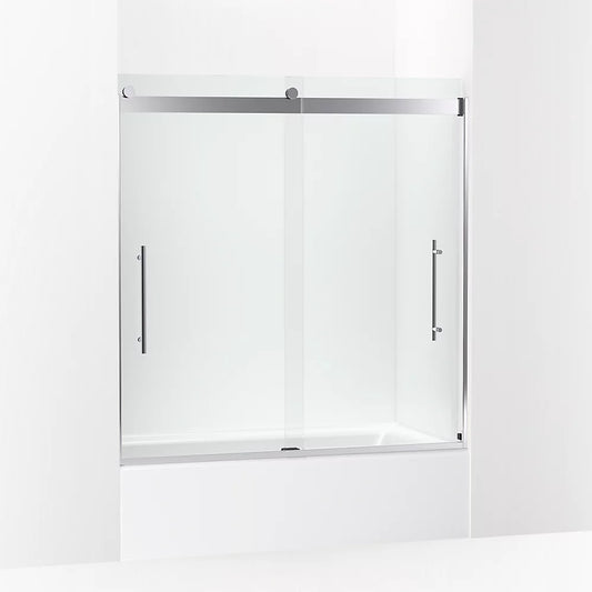 Kohler Levity® Plus Frameless sliding bath door (56.6" - 59.6" W x 61.6" H) with 3/8" (10mm) thick Crystal Clear glass in Bright Polished Silver