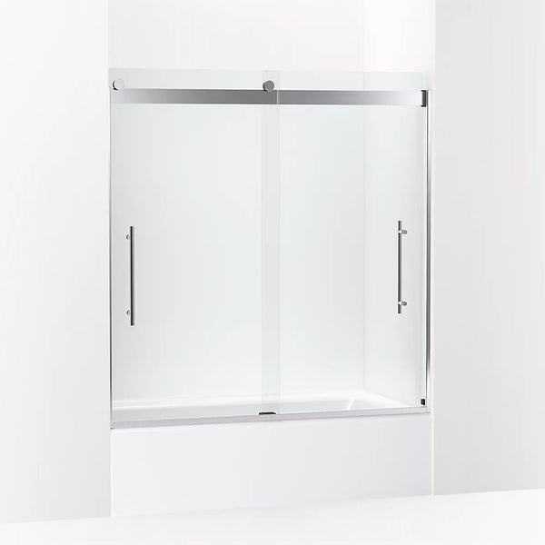 Kohler Levity® Plus Frameless sliding bath door (56.6 - 59.6 W x 61.6 H) with 3/8 (10mm) thick Crystal Clear glass in Bright Polished Silver