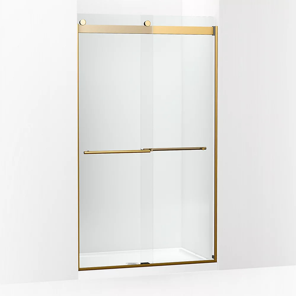 Kohler Levity® Plus Frameless Sliding Shower door (44.6" - 47.6" W x 81.6" H) with 3/8" (10mm) thick Crystal Clear glass in Vibrant Brushed Moderne Brass