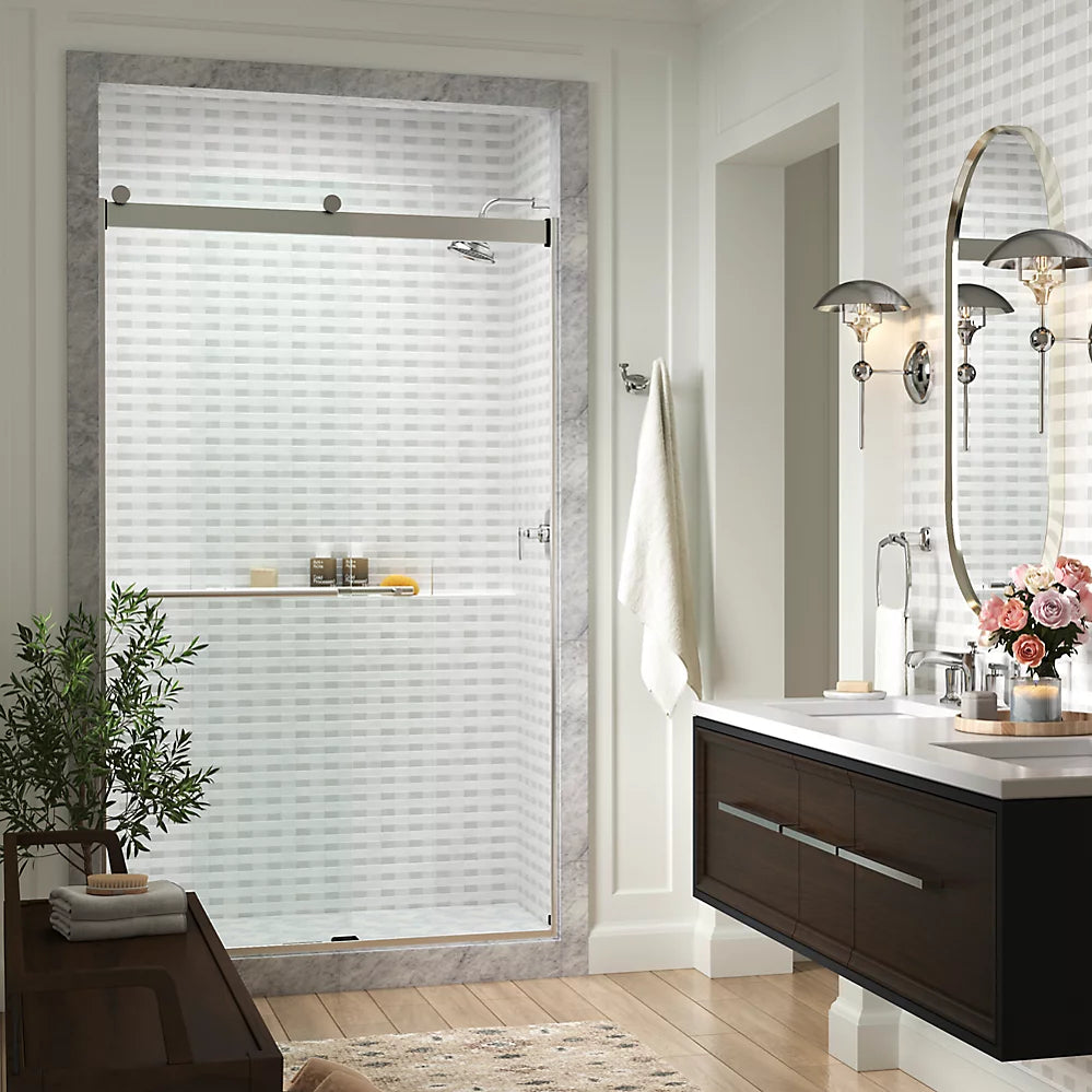 Kohler Levity® Plus Frameless Sliding Shower door (44.6" - 47.6" W x 81.6" H) with 3/8" (10mm) thick Crystal Clear glass in Vibrant Brushed Moderne Brass