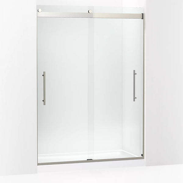 Kohler Levity® Plus Frameless sliding shower door (56.6-59.6 W x 81.6 H) with 3/8 (10 mm) thick Crystal Clear glass in Anodized Brushed Nickel