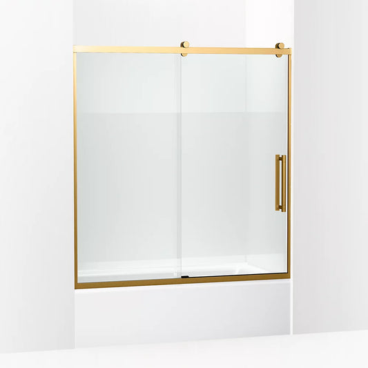 Kohler Premise™ (56.6" – 59.6" W x 61.8" H) Sliding Bath door with 5/16" (8mm) thick Crystal Clear glass in Vibrant Brushed Moderne Brass