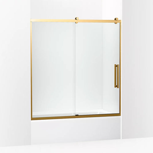 Kohler Premise™ (56.6" – 59.6" W x 61.8" H) Sliding Bath door with 5/16" (8mm) thick Crystal Clear glass in Vibrant Brushed Moderne Brass