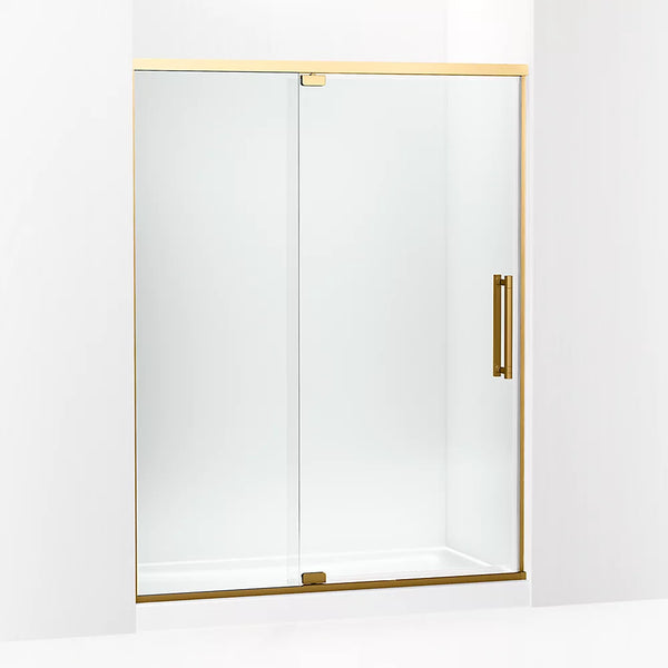 Kohler Premise™ (55.6 – 59.6 W x 76 H) Pivot Shower door with 5/16 (8mm) thick Crystal Clear glass in Vibrant Brushed Moderne Brass