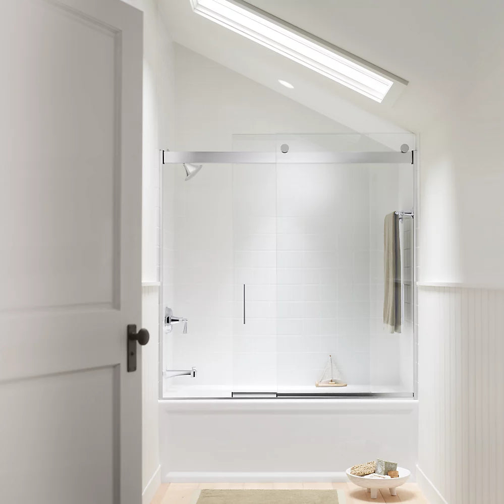 Kohler Levity® Sliding bath door (56.6" - 59.6" W x 59.8" H) with 1/4" (6mm) thick Frosted glass in Anodized Brushed Bronze