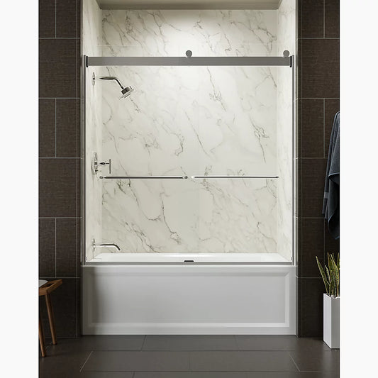 Kohler Levity® Sliding bath door (56.6" - 59.6" W x 62" H) with 1/4" (6mm) thick Crystal Clear glass in Vibrant Brushed Moderne Brass