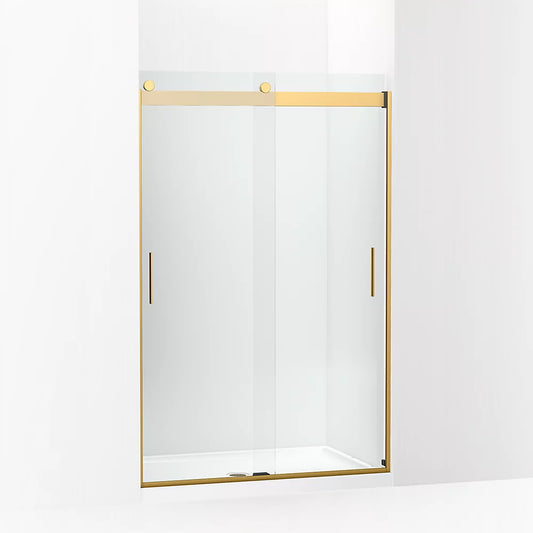 Kohler Levity® Sliding shower door (43.6" - 47.6" W x 74" H) with 1/4" (6mm) thick Crystal Clear glass in Vibrant Brushed Moderne Brass