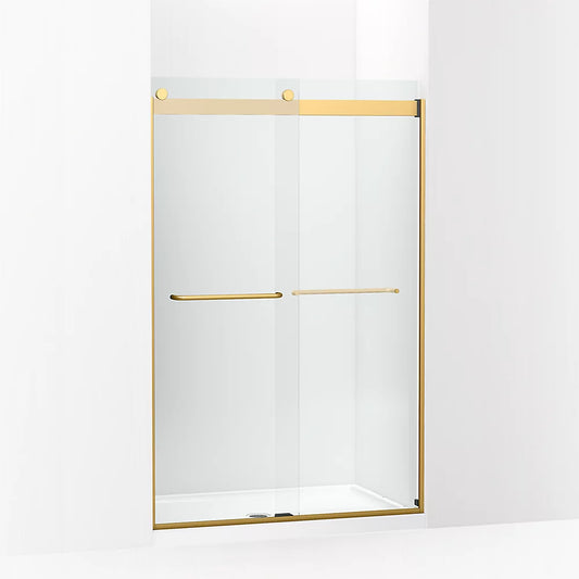 Kohler Levity® Sliding shower door (44.6" - 47.6" W x 74" H) with 1/4" (6mm) thick Crystal Clear glass in Vibrant Brushed Moderne Brass