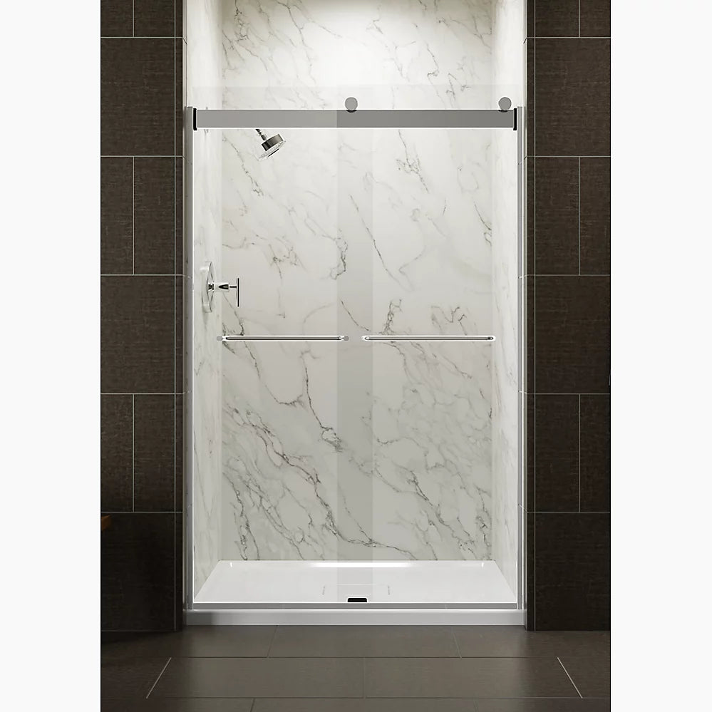 Kohler Levity® Sliding shower door (44.6" - 47.6" W x 74" H) with 1/4" (6mm) thick Crystal Clear glass in Vibrant Brushed Moderne Brass