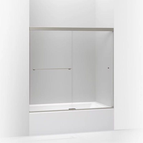 Kohler Revel® Sliding bath door (56.6 - 59.6 W x 55.5 H) with 1/4 (6mm) thick Crystal Clear glass in Anodized Brushed Nickel