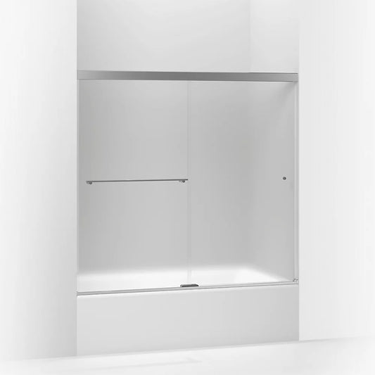 Kohler Revel® Sliding bath door (56.6" - 59.6"W x 55.5" H) with 5/16" (8mm) thick Frosted glass in Bright Polished Silver