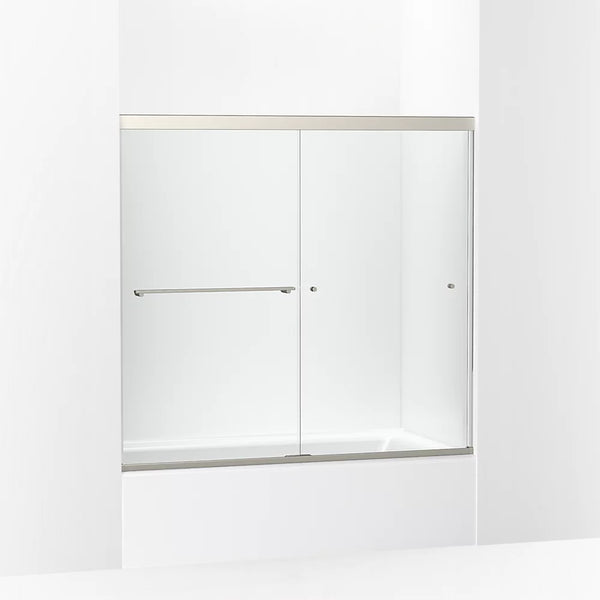 Kohler Revel® Sliding bath door (56.6 - 59.6W x 55.5 H) with 5/16 (8mm) thick Crystal Clear glass in Anodized Brushed Nickel