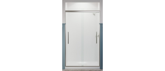 Kohler Pleat® Frameless sliding shower door (44.6" - 47.6"W x 79.1" H) with 5/16" (8mm) thick Frosted glass in Anodized Brushed Nickel