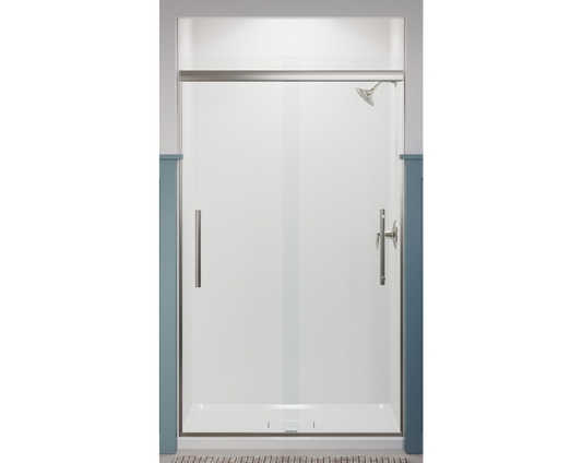 Kohler Pleat® Frameless sliding shower door (44.6" - 47.6"W x 79.1" H) with 5/16" (8mm) thick Crystal Clear glass in Anodized Brushed Nickel