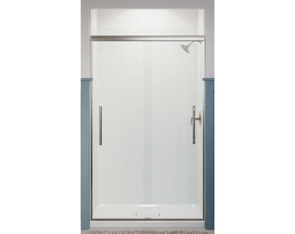 Kohler Pleat® Frameless sliding shower door (44.6 - 47.6W x 79.1 H) with 5/16 (8mm) thick Crystal Clear glass in Anodized Brushed Nickel