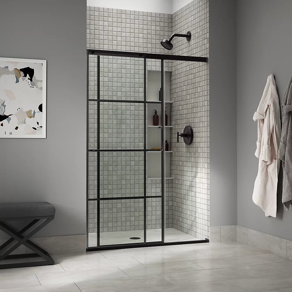 Kohler Elate® Sliding Shower door (50.3" - 53.6" W x 70.5" H) with 1/4" (6mm) thick glass with Rectangular Grille Pattern in Matte Black