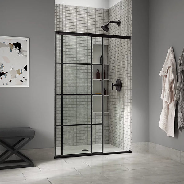 Kohler Elate® Sliding shower door (50.3 - 53.6 W x 70.5 H) with 1/4 thick Crystal Clear glass with Rectangular Grille Pattern in Matte Black