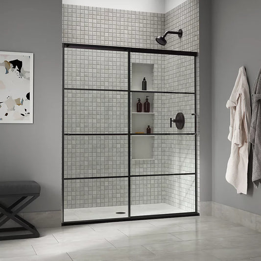 Kohler Elate® Sliding Shower door (56.3" - 59.6" W x 70.5" H) with 1/4" (6mm) thick Crystal Clear glass and Rectangular Grille Pattern Matte Black