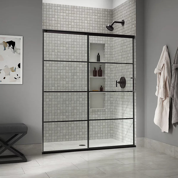 Kohler Elate® Sliding Shower door (56.3 - 59.6 W x 70.5 H) with 1/4 (6mm) thick Crystal Clear glass and Rectangular Grille Pattern Matte Black