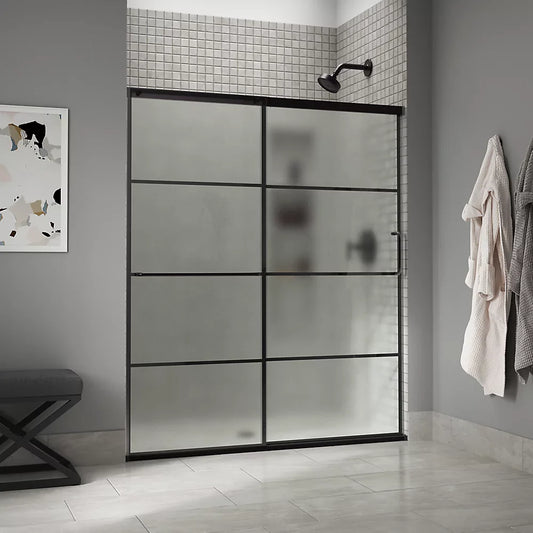 Kohler Elate® Sliding Shower door (56.3" - 59.6" W x 70.5" H) with 1/4" (6mm) thick Frosted glass and Rectangular Grille Pattern in Matte Black